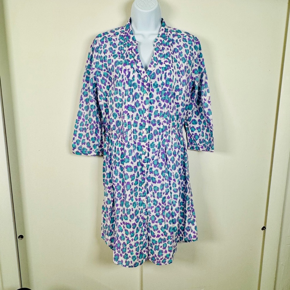 Boo Gemes Womens Purple Teal Leopard Print Cotton Pintuck Shirt Dress M